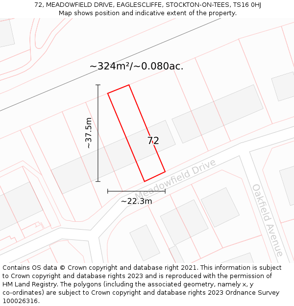 72, MEADOWFIELD DRIVE, EAGLESCLIFFE, STOCKTON-ON-TEES, TS16 0HJ: Plot and title map