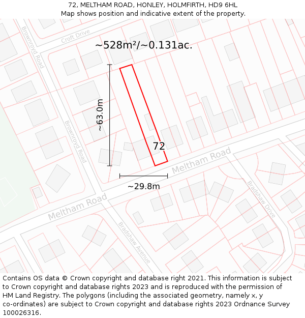 72, MELTHAM ROAD, HONLEY, HOLMFIRTH, HD9 6HL: Plot and title map