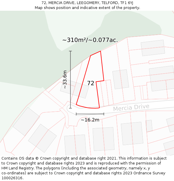 72, MERCIA DRIVE, LEEGOMERY, TELFORD, TF1 6YJ: Plot and title map