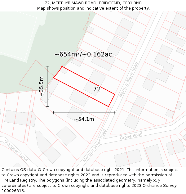 72, MERTHYR MAWR ROAD, BRIDGEND, CF31 3NR: Plot and title map
