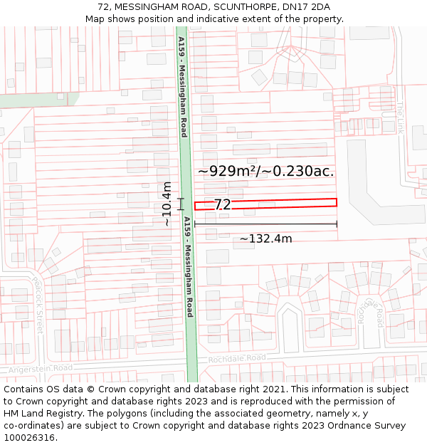 72, MESSINGHAM ROAD, SCUNTHORPE, DN17 2DA: Plot and title map