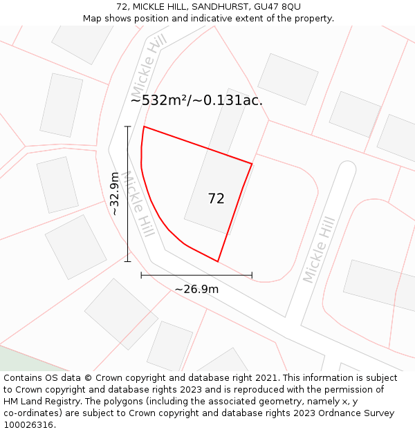 72, MICKLE HILL, SANDHURST, GU47 8QU: Plot and title map