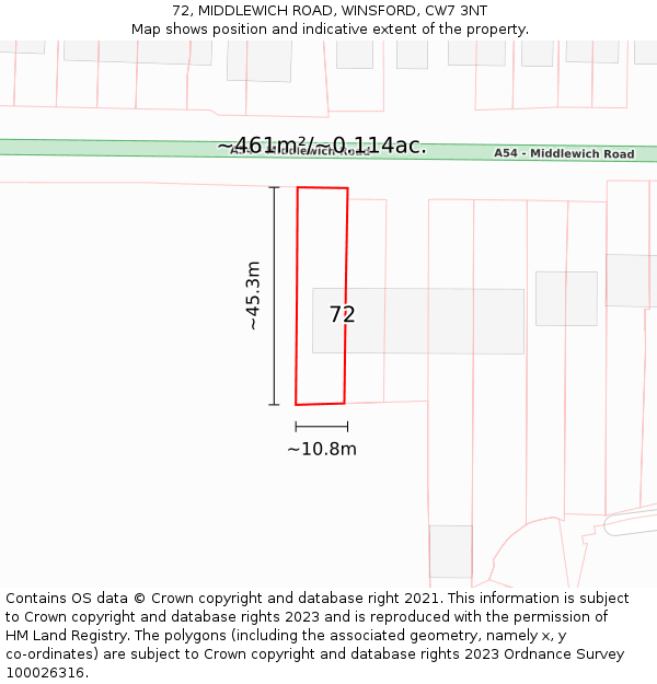 72, MIDDLEWICH ROAD, WINSFORD, CW7 3NT: Plot and title map