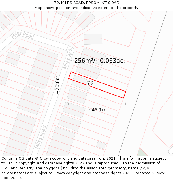 72, MILES ROAD, EPSOM, KT19 9AD: Plot and title map