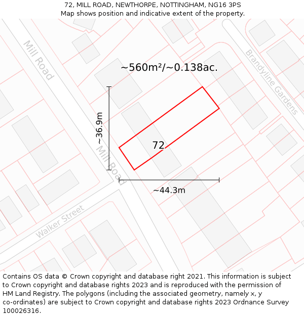 72, MILL ROAD, NEWTHORPE, NOTTINGHAM, NG16 3PS: Plot and title map