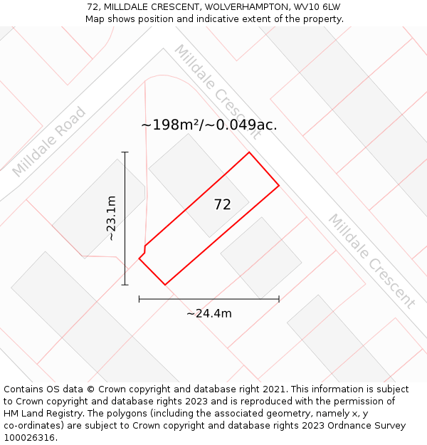 72, MILLDALE CRESCENT, WOLVERHAMPTON, WV10 6LW: Plot and title map