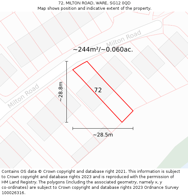 72, MILTON ROAD, WARE, SG12 0QD: Plot and title map