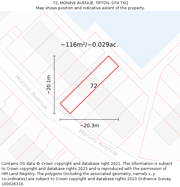 72, MONINS AVENUE, TIPTON, DY4 7XQ: Plot and title map