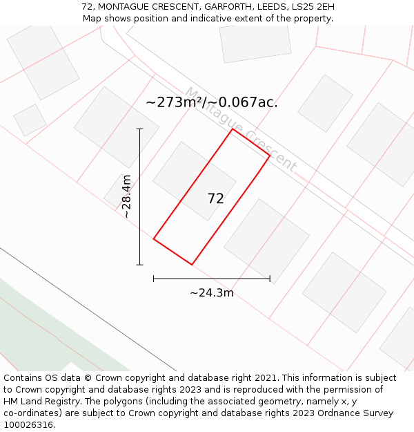 72, MONTAGUE CRESCENT, GARFORTH, LEEDS, LS25 2EH: Plot and title map