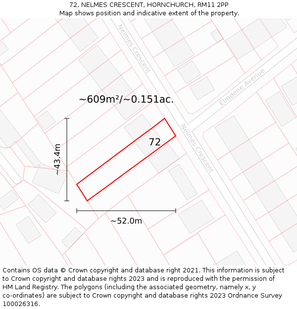72, NELMES CRESCENT, HORNCHURCH, RM11 2PP: Plot and title map