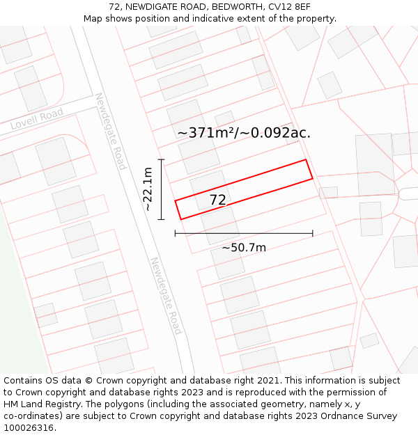 72, NEWDIGATE ROAD, BEDWORTH, CV12 8EF: Plot and title map