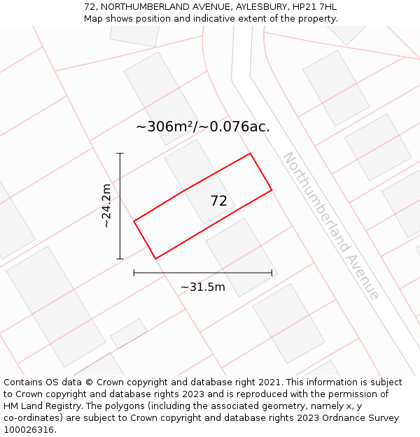72, NORTHUMBERLAND AVENUE, AYLESBURY, HP21 7HL: Plot and title map