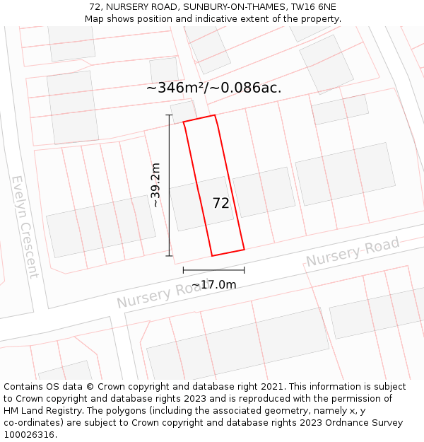 72, NURSERY ROAD, SUNBURY-ON-THAMES, TW16 6NE: Plot and title map