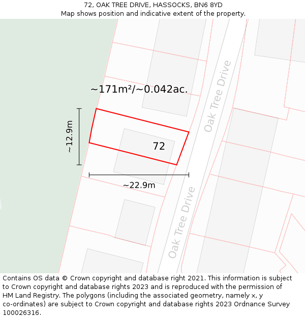 72, OAK TREE DRIVE, HASSOCKS, BN6 8YD: Plot and title map