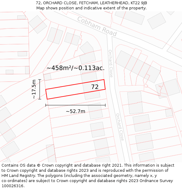 72, ORCHARD CLOSE, FETCHAM, LEATHERHEAD, KT22 9JB: Plot and title map