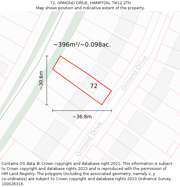 72, ORMOND DRIVE, HAMPTON, TW12 2TN: Plot and title map