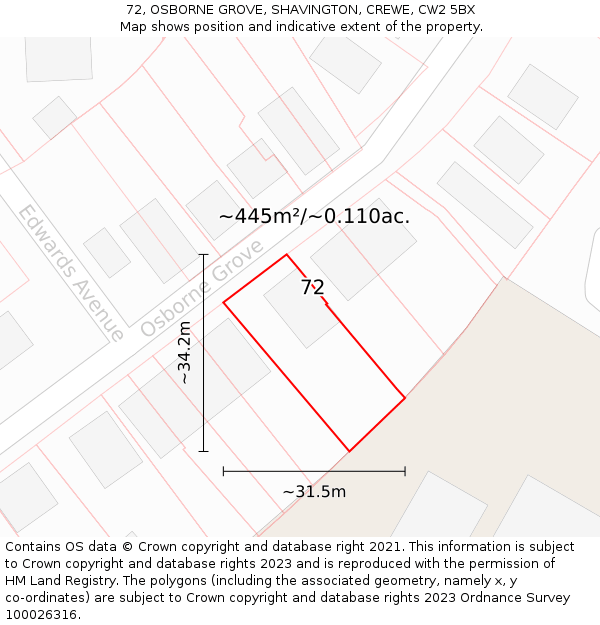 72, OSBORNE GROVE, SHAVINGTON, CREWE, CW2 5BX: Plot and title map