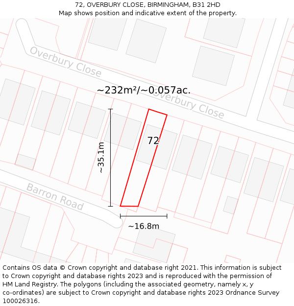 72, OVERBURY CLOSE, BIRMINGHAM, B31 2HD: Plot and title map