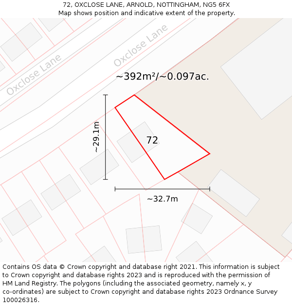 72, OXCLOSE LANE, ARNOLD, NOTTINGHAM, NG5 6FX: Plot and title map
