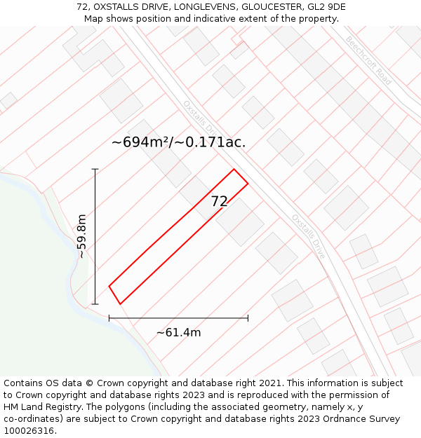 72, OXSTALLS DRIVE, LONGLEVENS, GLOUCESTER, GL2 9DE: Plot and title map