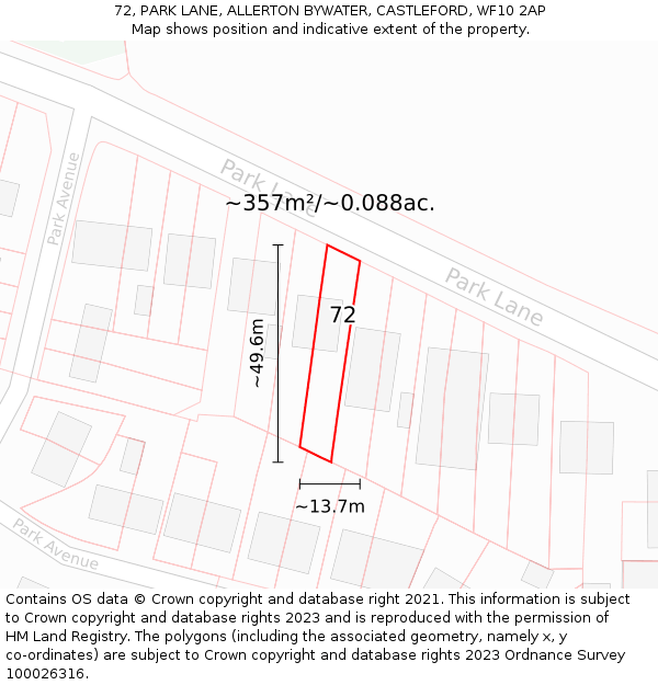 72, PARK LANE, ALLERTON BYWATER, CASTLEFORD, WF10 2AP: Plot and title map