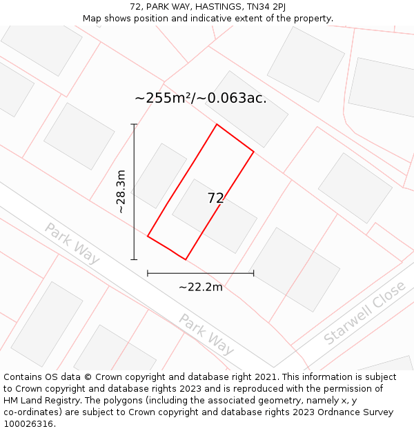 72, PARK WAY, HASTINGS, TN34 2PJ: Plot and title map
