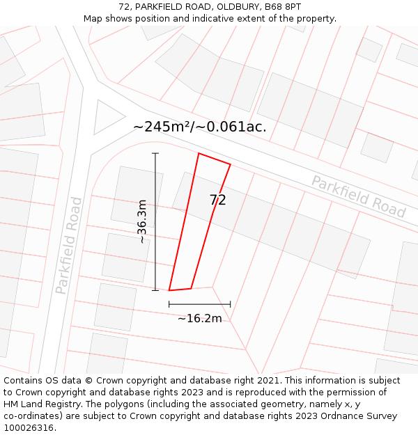 72, PARKFIELD ROAD, OLDBURY, B68 8PT: Plot and title map