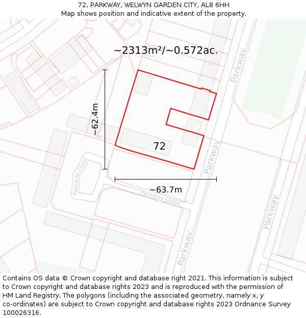 72, PARKWAY, WELWYN GARDEN CITY, AL8 6HH: Plot and title map