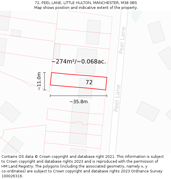 72, PEEL LANE, LITTLE HULTON, MANCHESTER, M38 0BS: Plot and title map