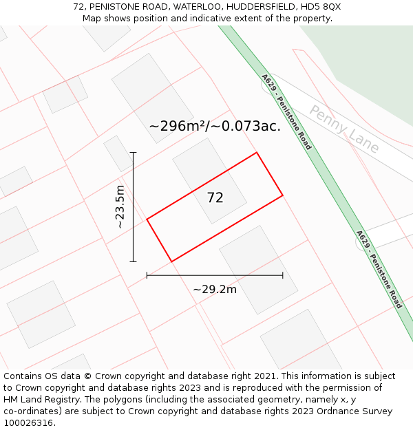 72, PENISTONE ROAD, WATERLOO, HUDDERSFIELD, HD5 8QX: Plot and title map
