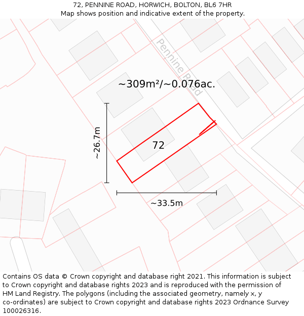 72, PENNINE ROAD, HORWICH, BOLTON, BL6 7HR: Plot and title map