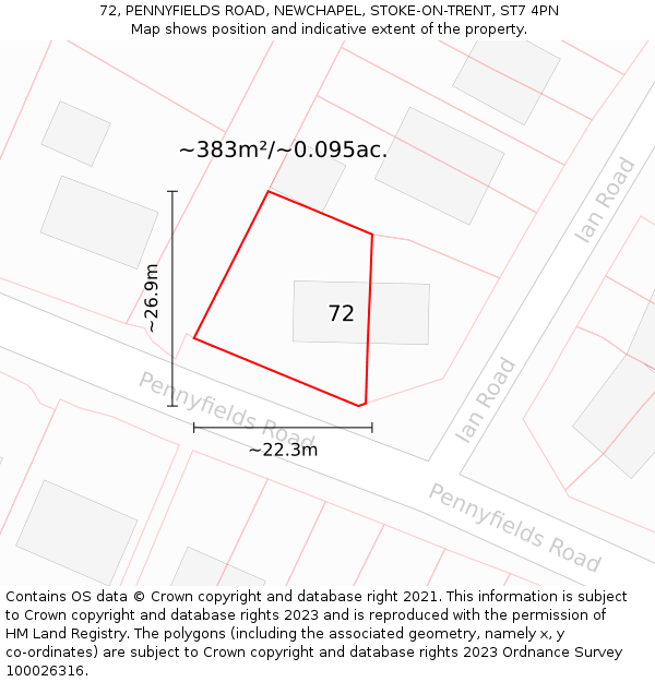 72, PENNYFIELDS ROAD, NEWCHAPEL, STOKE-ON-TRENT, ST7 4PN: Plot and title map