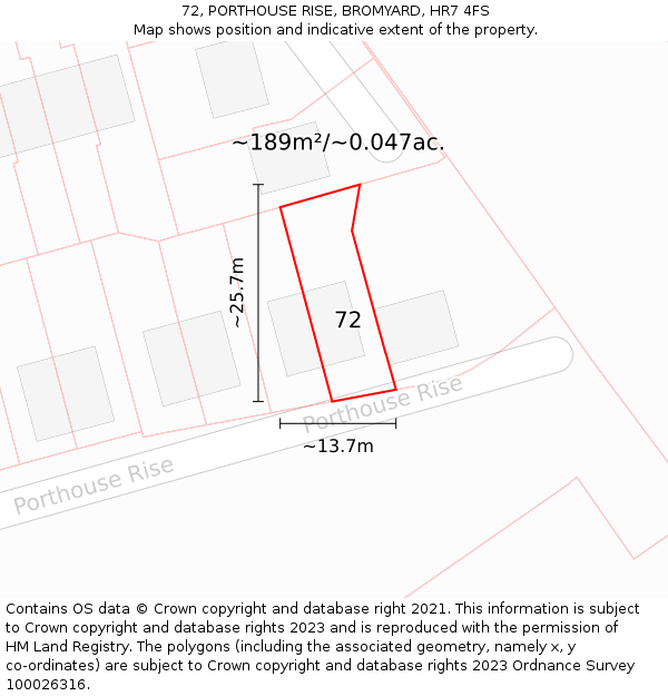 72, PORTHOUSE RISE, BROMYARD, HR7 4FS: Plot and title map