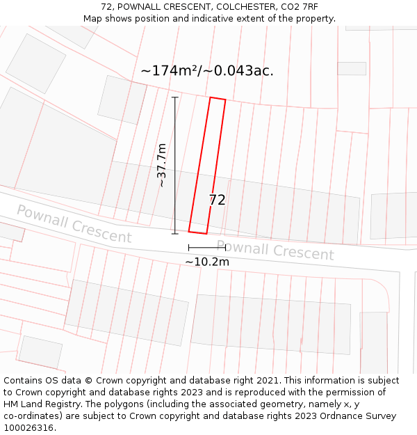 72, POWNALL CRESCENT, COLCHESTER, CO2 7RF: Plot and title map