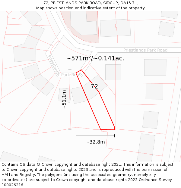 72, PRIESTLANDS PARK ROAD, SIDCUP, DA15 7HJ: Plot and title map