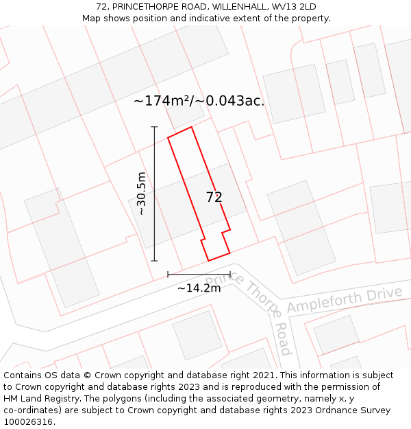 72, PRINCETHORPE ROAD, WILLENHALL, WV13 2LD: Plot and title map