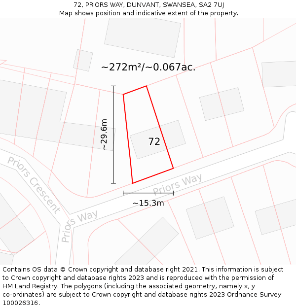 72, PRIORS WAY, DUNVANT, SWANSEA, SA2 7UJ: Plot and title map