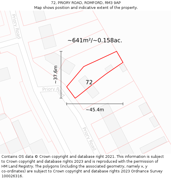 72, PRIORY ROAD, ROMFORD, RM3 9AP: Plot and title map