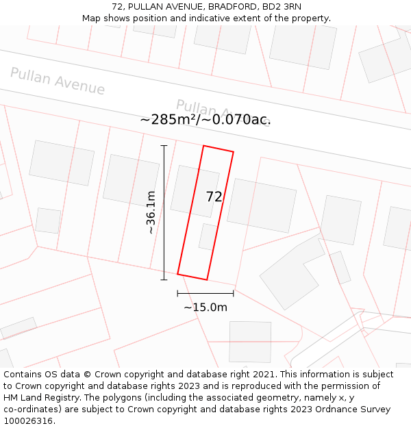 72, PULLAN AVENUE, BRADFORD, BD2 3RN: Plot and title map