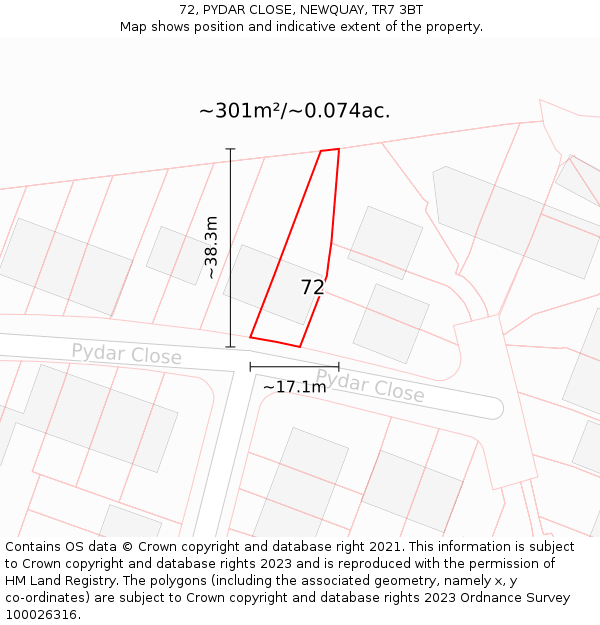 72, PYDAR CLOSE, NEWQUAY, TR7 3BT: Plot and title map