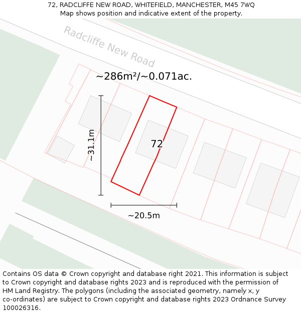 72, RADCLIFFE NEW ROAD, WHITEFIELD, MANCHESTER, M45 7WQ: Plot and title map