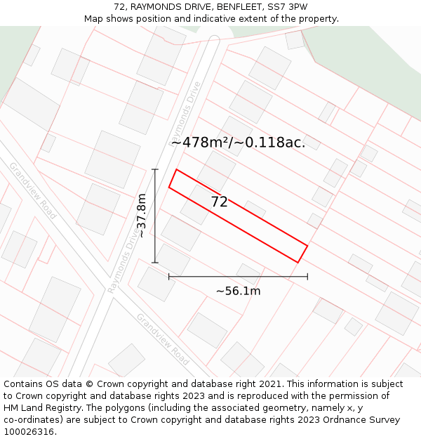 72, RAYMONDS DRIVE, BENFLEET, SS7 3PW: Plot and title map