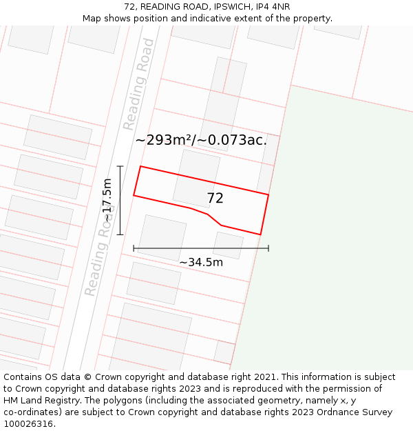 72, READING ROAD, IPSWICH, IP4 4NR: Plot and title map