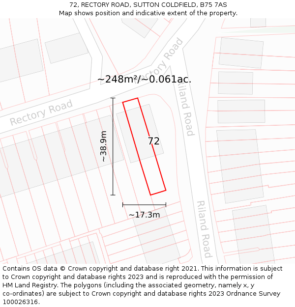 72, RECTORY ROAD, SUTTON COLDFIELD, B75 7AS: Plot and title map
