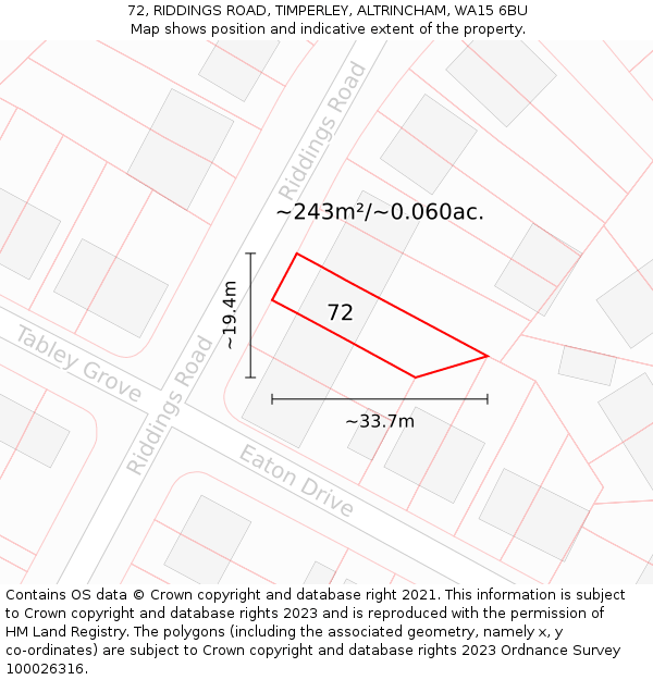 72, RIDDINGS ROAD, TIMPERLEY, ALTRINCHAM, WA15 6BU: Plot and title map