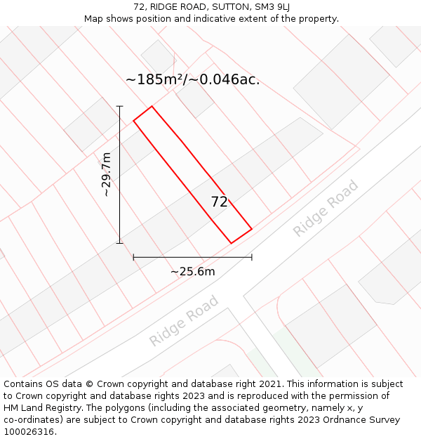 72, RIDGE ROAD, SUTTON, SM3 9LJ: Plot and title map