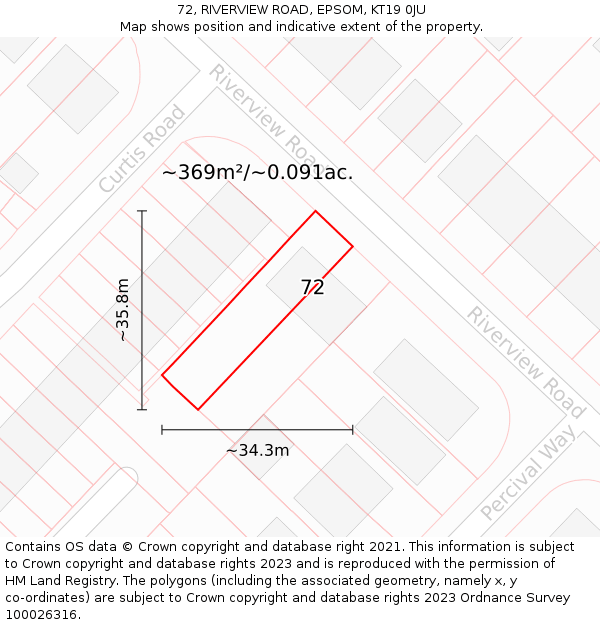 72, RIVERVIEW ROAD, EPSOM, KT19 0JU: Plot and title map