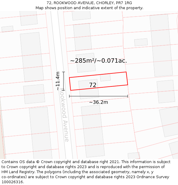 72, ROOKWOOD AVENUE, CHORLEY, PR7 1RG: Plot and title map
