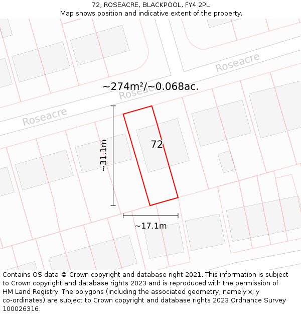 72, ROSEACRE, BLACKPOOL, FY4 2PL: Plot and title map