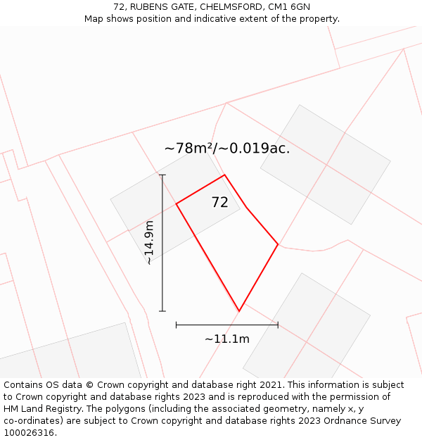 72, RUBENS GATE, CHELMSFORD, CM1 6GN: Plot and title map